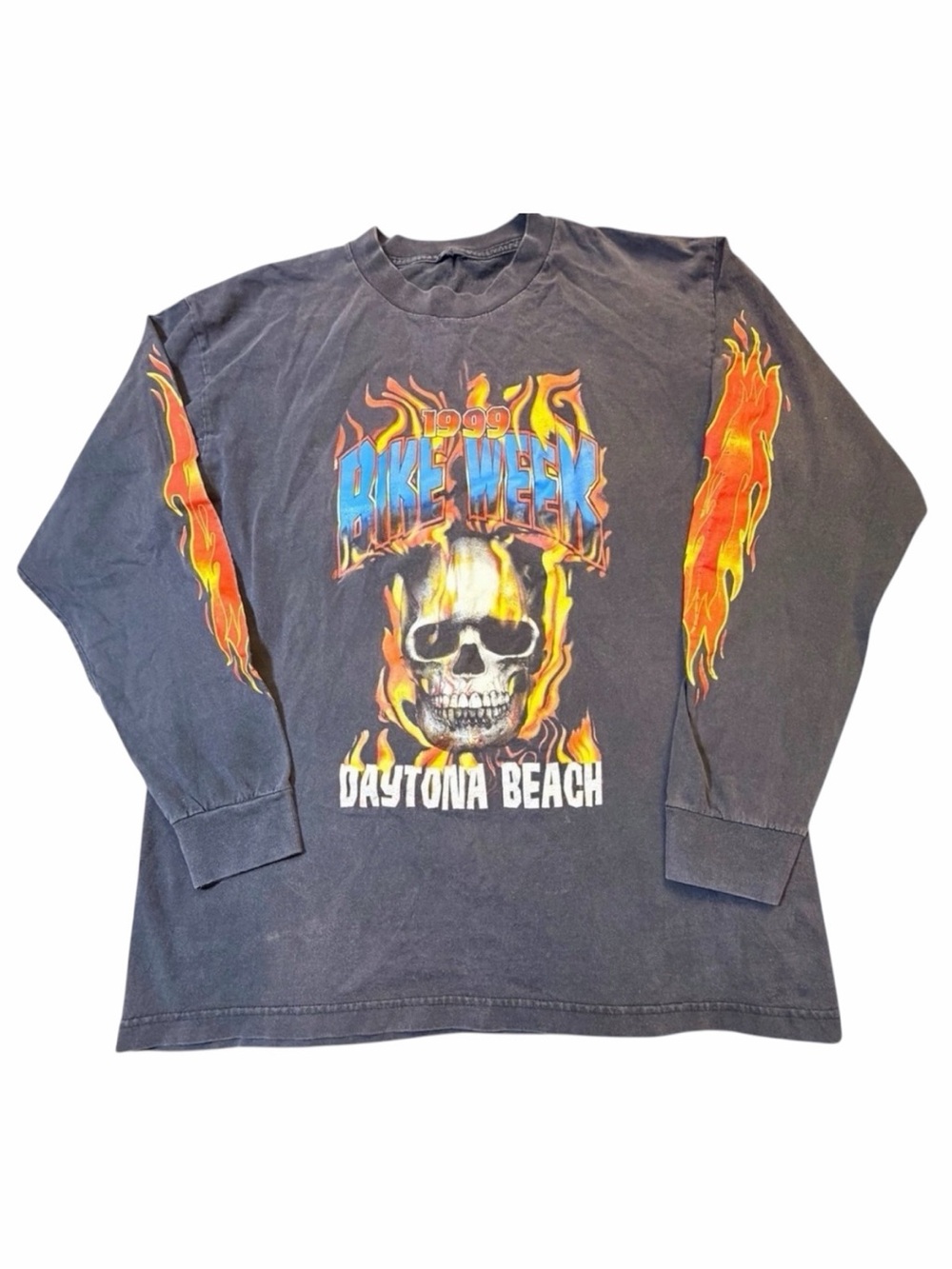 Vintage 1999 Daytona‎ Beach Bike Week Skull Flame Long Sleeve Biker Tee Size L